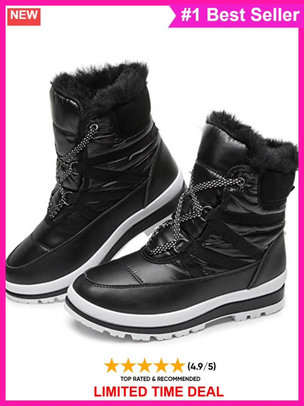 Faux Leather Fur Lined Mid-Calf Combat Boots Waterproof Snow Boots Lace Up